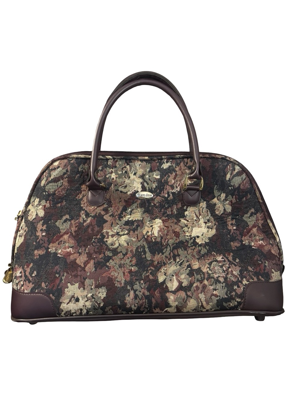 Vintage Plum Leather-Trim Floral Tapestry Travel Bag